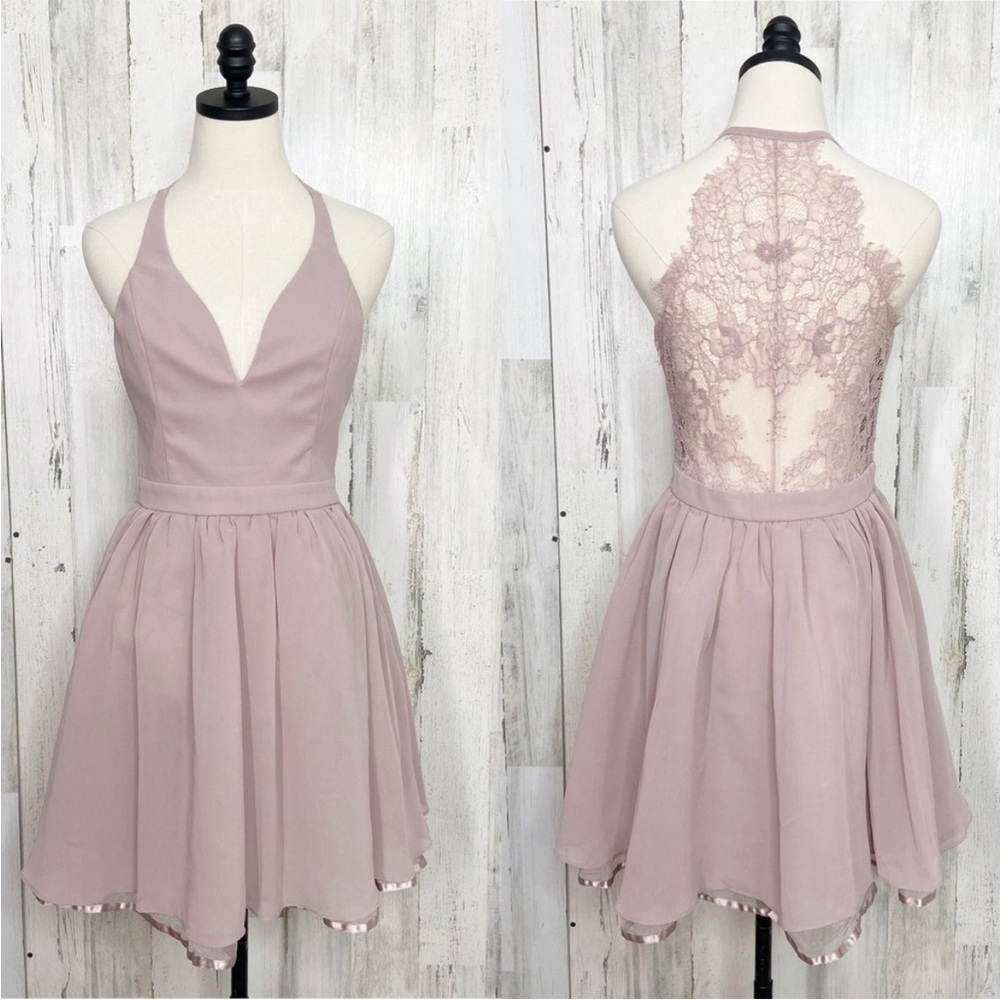 Saved By The Dress Womens Lace Back Fit & Flare Dress Size L Mauve Halter Dance
